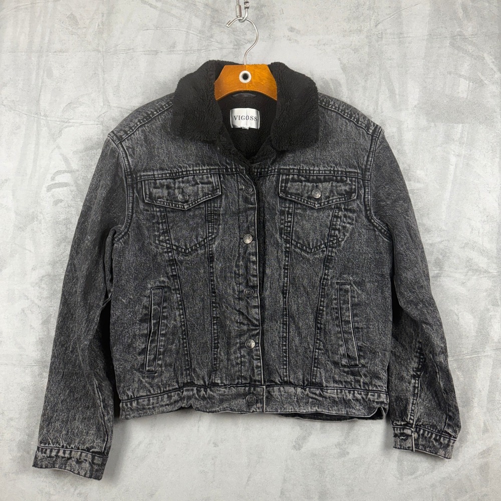 Vigoss Womens XS Black Acid Wash Faux Shearling Lined Denim Trucker Jacket 5817